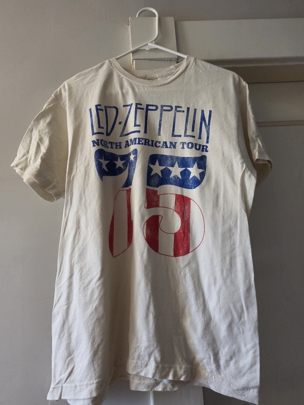 Hot Topic Cream Led Zeppelin 75 Tour Graphic Tee with Blue and Red Print